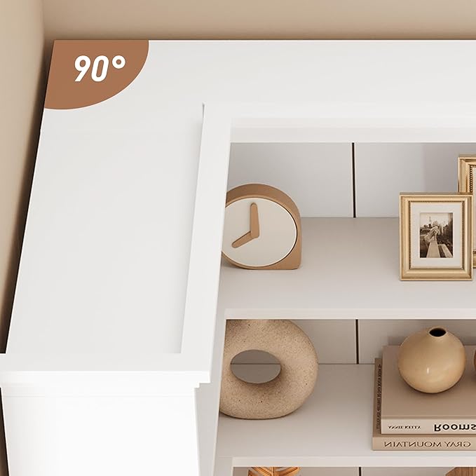 IDEALHOUSE Corner Bookshelf 72.8in Farmhouse Bookcase Large Bookshelves Wood Bookcase Tall 5 Tier Corner Shelf L Shaped Bookshelf Storage Display Rack Living Room Bedroom (White, Full Panel)