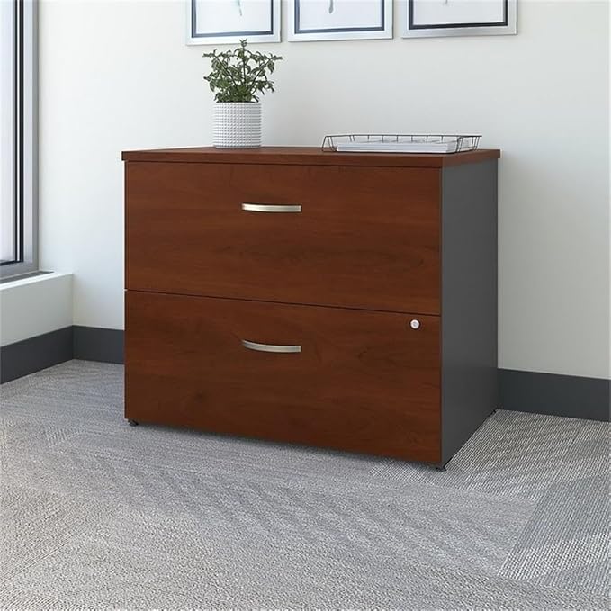 Pemberly Row Set of 2 60W Credenza Desk & Lateral File Cabinet in Hansen Cherry