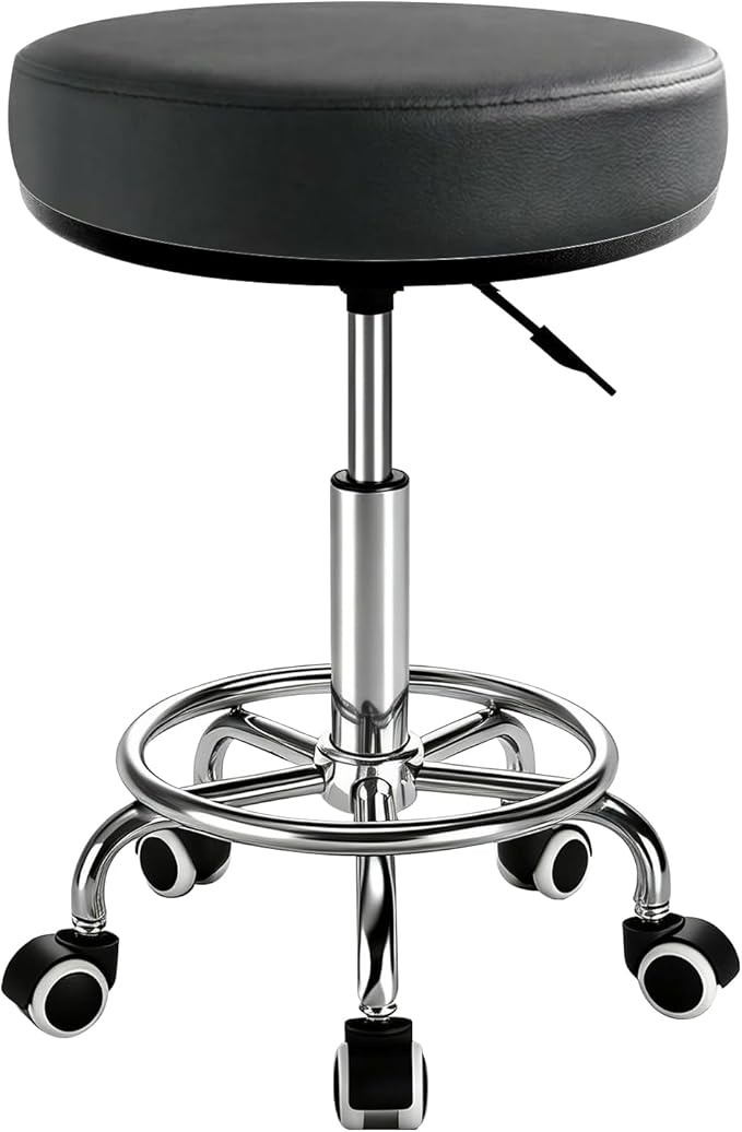 Heavy Duty Round Rolling Stool 500lb, PU Leather 360-degree Support Full-Edge Cover Layer Drafting Chair with Wheels, Height Adjustable Swivel Stool with Footrest, 5-min Easy Assembly (Black)