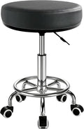 Heavy Duty Round Rolling Stool 500lb, PU Leather 360-degree Support Full-Edge Cover Layer Drafting Chair with Wheels, Height Adjustable Swivel Stool with Footrest, 5-min Easy Assembly (Black)
