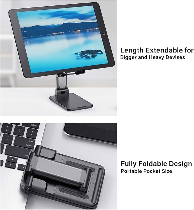 Cell Phone Tablet Stand Mount Fully Foldable Dock Holder Cradle Charger Station Desk Room Office School Kitchen Travel Portable Adjustable Multi-Angle Non-Slip Durable Stable (Black)