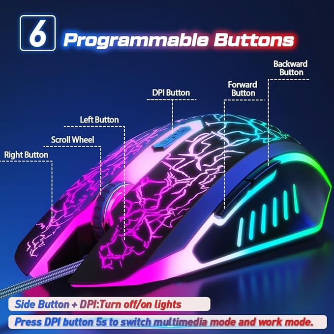 VersionTECH. Wired Gaming Mouse, Computer Mouse Ergonomic Mice with 7 LED Lights RGB Backlit, 6 Programmable Buttons, 4 Adjustable DPI for Laptop PC Gamer Desktop Chromebook Mac Games-Black