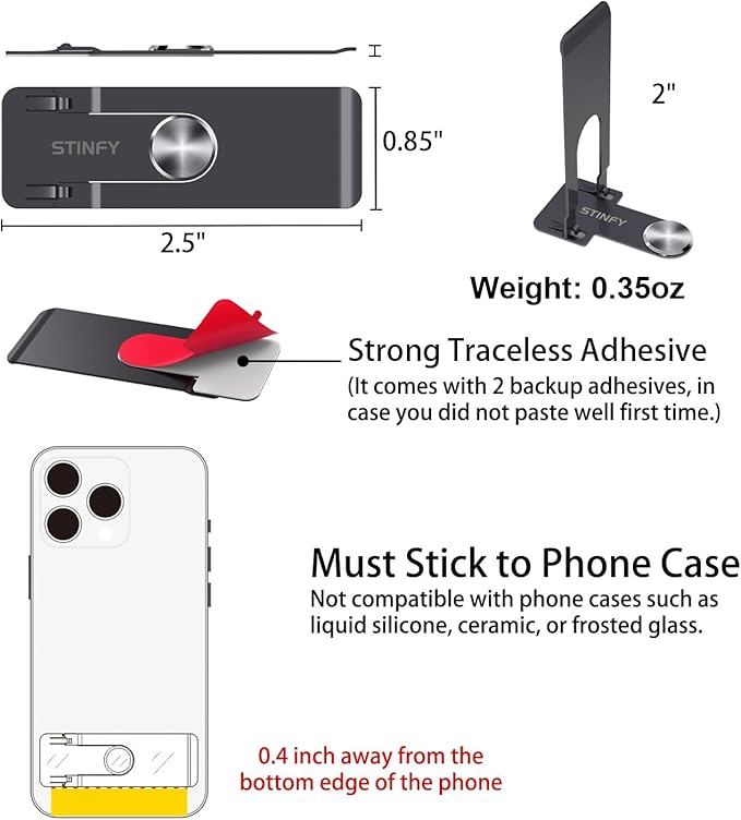 Phone Slim Kickstand, Ultra Thin Vertical and Horizontal 360° Rotating Universal Steel Metal Stable Stand Pocket Friendly Sticky Holder for iPhone Samsung Cellphone Case (Black 2-Pack)