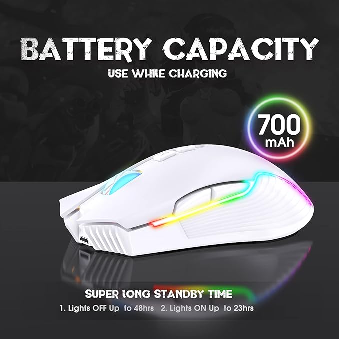 PHNIXGAM Rechargeable Wireless Gaming Mouse, Ergonomic RGB Computer Mouse with 2.4G Receiver, RGB Backlight, Adjustable DPI Up to 3600, 7 Buttons (Not Programmable) for Windows Vista Linux (White)
