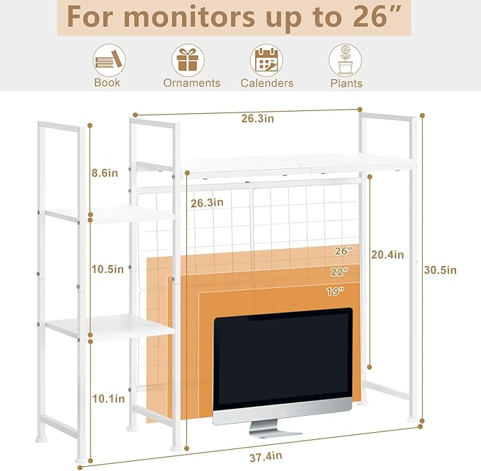 Desktop Bookshelf Organizer, Computer Desktop Bookcase, White Desk Hutch Dorm, Multipurpose Wood Desktop Hutch Storage Organizer, 3-Tier Wood Desk Bookshelf for Home Office Dorm