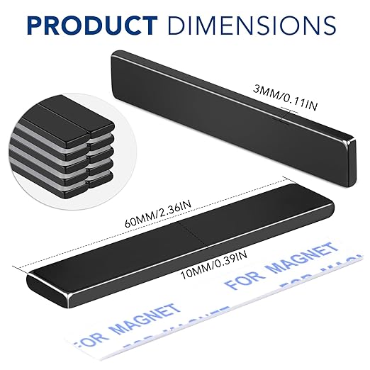 TRYMAG 25 Packs Neodymium Strong Magnet Bars 60x10x3mm, Black Magnetic Strips Heavy Duty Rare Earth with Double-Sided Adhesive, Powerful Metal Rectangular Magnets for Door, Fridge, Office, Kitchen