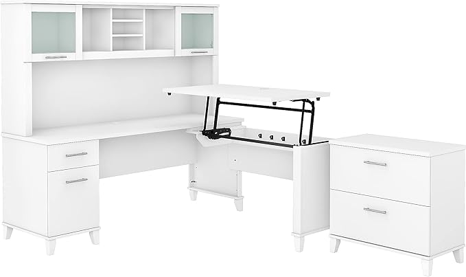 Bush Home Somerset 72W 3 Position Sit to Stand L Shaped Desk with Hutch and File Cabinet in White