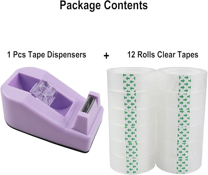 Desktop Tape Dispenser,1 Pack Purple Tape Dispensers with 12Rolls Transparent Tape, for Packaging in Office,Restaurant, Flower Shop,Cake Shop (Purple)