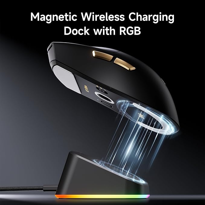 MCHOSE K7 Ultra Gaming Mouse Wireless, 59g Ultra-Lightweight, PAW3950 Sensor, 8000Hz Polling Rate, 42K DPI, 5 Programmable Buttons, 120 Hours of Playtime, Magnetic Wireless Charging Dock White Gold