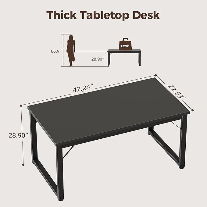 Mericonia 48 Inch Computer Desk, 1" Thick Heavy Duty Industrial Office Desk, Modern Simple Study Writing Table for Home Office Bedroom Workstation, Black