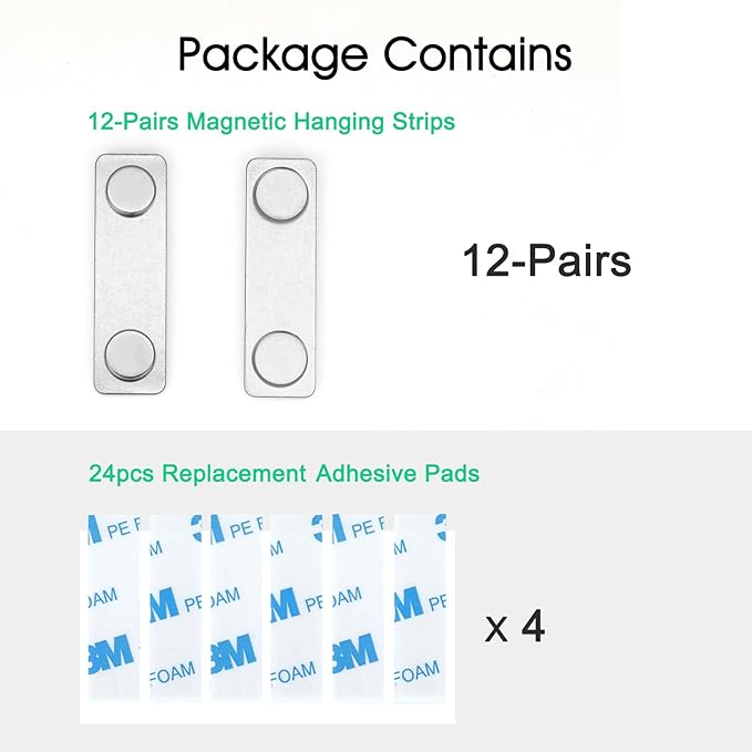 12-Pairs Magnetic Picture Hanging Strips, Magnetic Fixator Removable and Damage Free, Adhesive Strips for Frame Hanging and Home Decorations