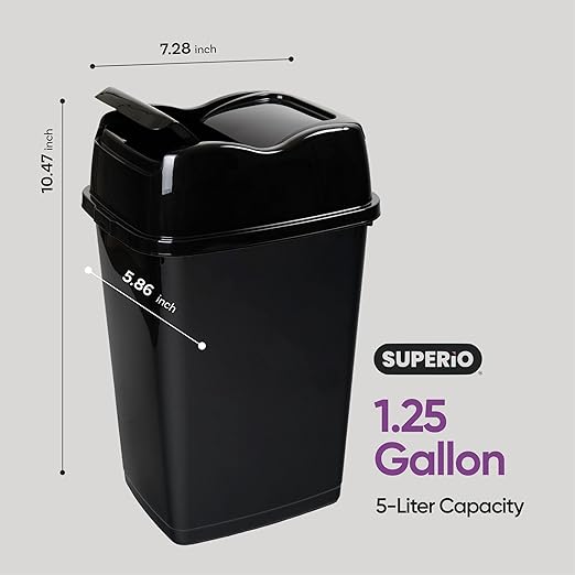 Garbage Cans with Swing Top-Split Lids, 2 Pack | Small Trash Cans with Lids | Durable Plastic | Slim & Sturdy Trash Bins | Fingerprint Resistant | 1.25 Gallon / 5 qt / 5 L - Black | Superio Brand