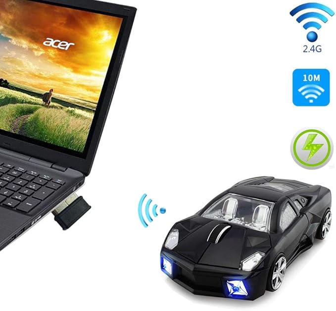 Jinfili 2.4GHz Sports Car Wireless Mouse Optical Cool 1600DPI 3D USB Wireless Gaming Mice for Pc Laptop Windows 10