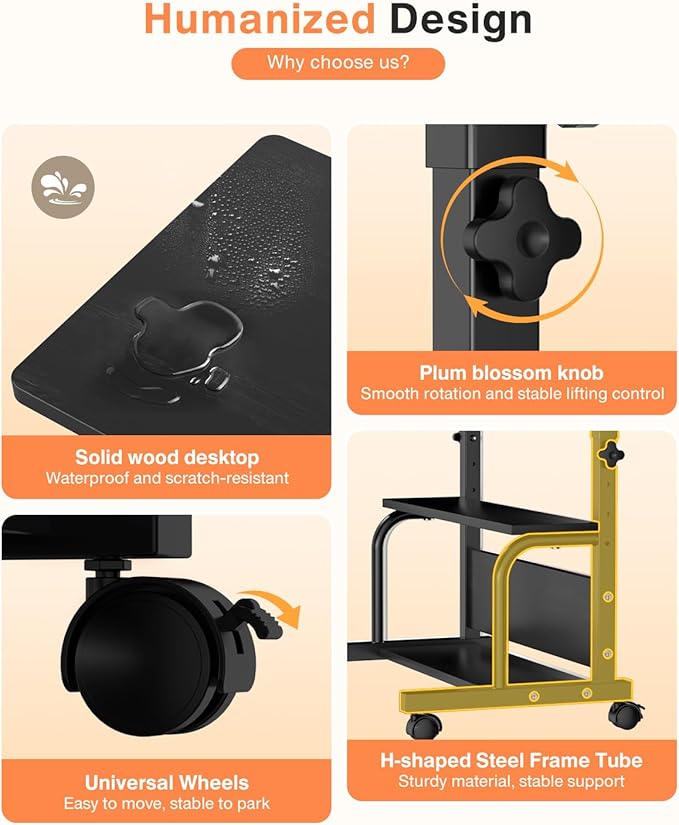 QZMDSM Portable Rolling Desk on Wheels Adjustable Height Desks for Small Spaces, 32" Computer Desk with Storage Shelves for Home Office Black