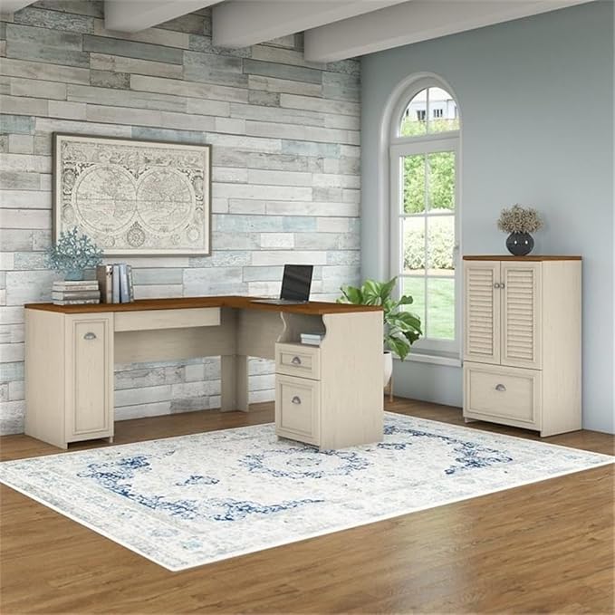 Bush Furniture Fairview 60W L Shaped Desk and 2 Door Storage Cabinet with File Drawer in Antique White and Tea Maple
