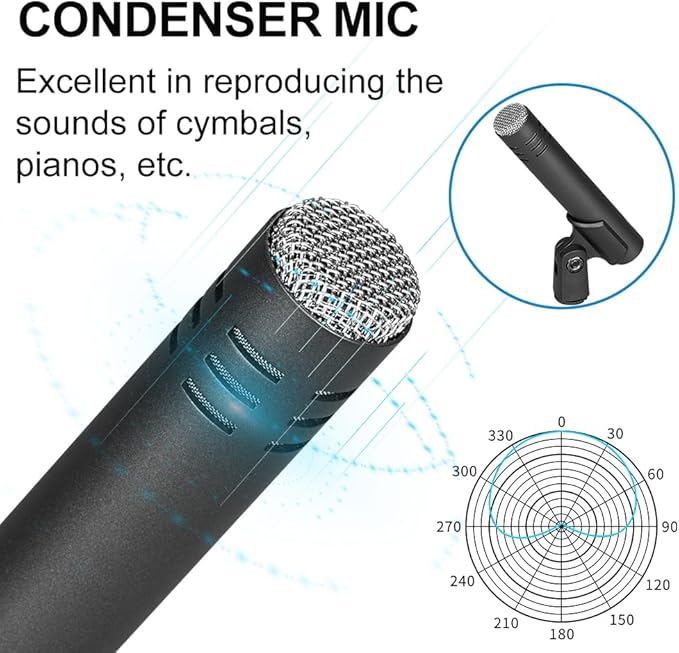 Depusheng 5-Piece Wired Dynamic Drum Mic Kit (Whole Metal) Kick Bass, Tom/Snare & Cymbals Microphone-Use for Drums, Vocal, Other Instrument Complete with Thread Clip 7 On Stage Audio Cables