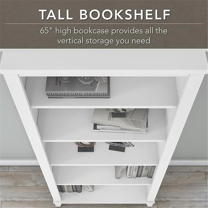 Pemberly Row Engineered Wood 60W Office Desk with File Cabinet & 5 Shelf Bookcase, White Finish, Durable Home Office Set with Storage Drawers, Adjustable Shelves, Wire Management