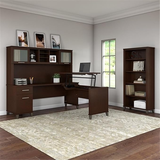 Pemberly Row Sit to Stand L Shaped Desk with Hutch and Bookcase, Cherry Finish, 72W x 24D Office Desk, Adjustable Height Return, 5 Shelf Bookcase, Ergonomic Workspace for Home Office Use