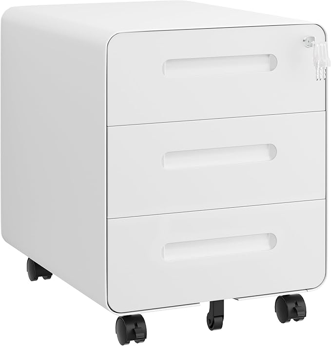 3 Drawer Under Desk Printer Stand with Lock, Mobile Rolling Printer Table for Home Office, Fully Pre-Assembled (Wheels Only to Attach), 4 Keys Included, White