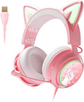 EASARS Pink Gaming Headset GS510, Wired, Over Ear, Cat Ear Design with RGB Lighting, 7.1 Surround Sound, Retractable Mic, Compatible with PC, PS4, PS5