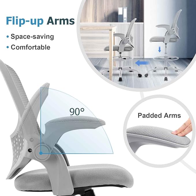 JHK Drafting Tall Office Chair Standing Desk Counter Height Adjustable Chairs with Flip-up Padded Armrests