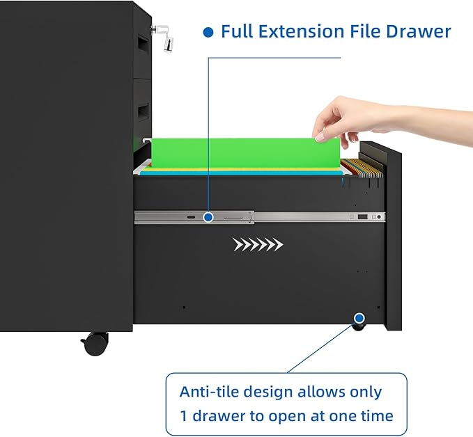 Dripex 3 Drawer Black File Cabinet, Mobile Under Desk Storage File Cabinet with Lock on Wheels, Fully Assembled, Letter/Legal Size, Small Short Vertical Metal Rolling Filing Cabinets for Home Office