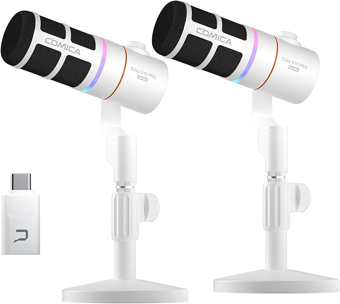 EJoy D10 PRO(D) COMBO Dual-Channel Wireless USB Gaming Microphone – RGB Dynamic Mic with Wired/Wireless Modes, XLR/USB-C, Real-Time Monitoring, Studio Mic for Streaming, Podcast, Recording (White)