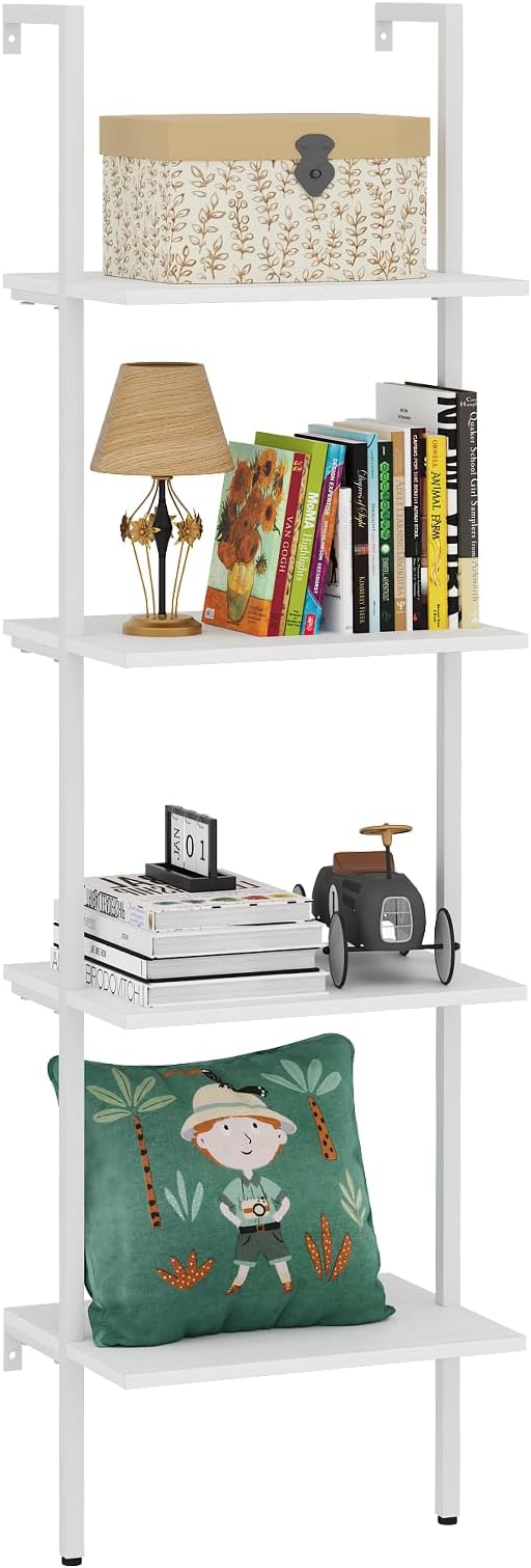 Wolawu Ladder Shelf 4 Tiers Metal Industrial Bookshelf,White Wooden Tall Open Storage Rack and Display Shelves,Wall Mount Wide Bookcase for Home Office Bedroom,Small