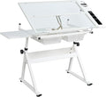 Drafting Table w/Stool, Height Adjustable Drawing Table, Multifunctional Art Craft Paintings Work Station w/2 Storage Drawers Artists Desk Tilting Glass Tabletop for Home Office White