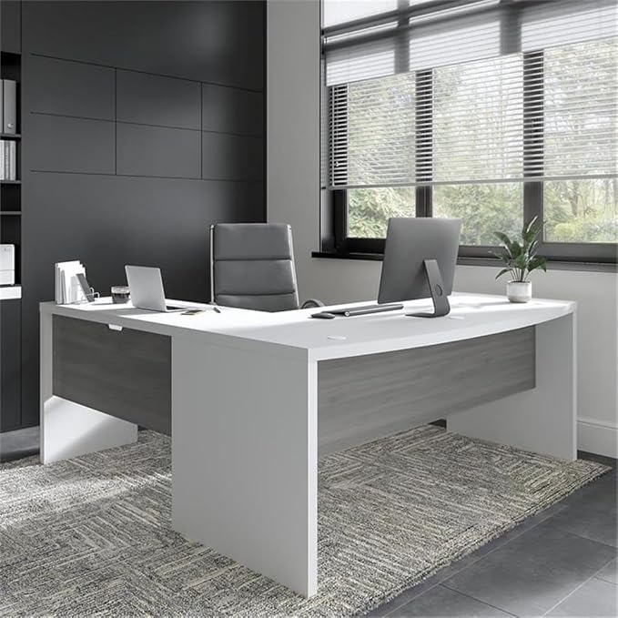 Pemberly Row Set of 2 Bow Front L-Shape Desk & Lateral File Cabinet - White/Gray