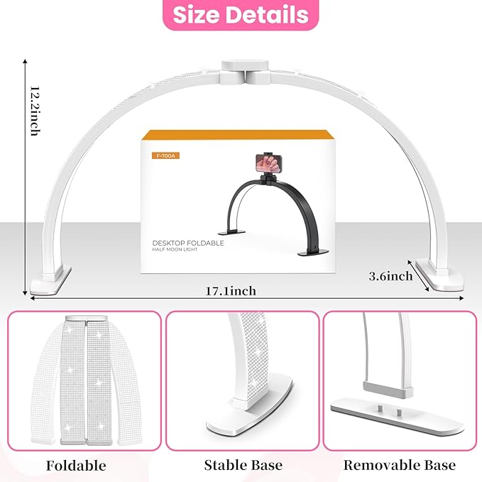 Nail Half Moon Light: Arch Rhinestone LED 29in Moonlight with Phone Holder Stand 3 Light Colors /10 Brightness Levels - Professional Nail Salon Esthetician Media Tech(Diamond,Large)