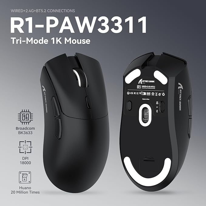 MAMBASNAKE Attack Shark R1 Wireless Gaming Mouse,PAW3311 Optical Sensor 18K DPI,59g Ultralight 2.4Ghz/BT/Wired Computer Mice for Win/Mac - Black