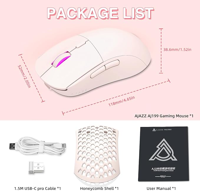 Ajazz Wireless Gaming Mouse,USB-C Rechargeable 59g Ultralight Computer Mouse,High Performance PAW3395,26000DPI,6 Macro Buttons, 40Hrs Power Life,2.4Ghz 1ms,Detachable Magnetic Rear Panel,2in1,Pink