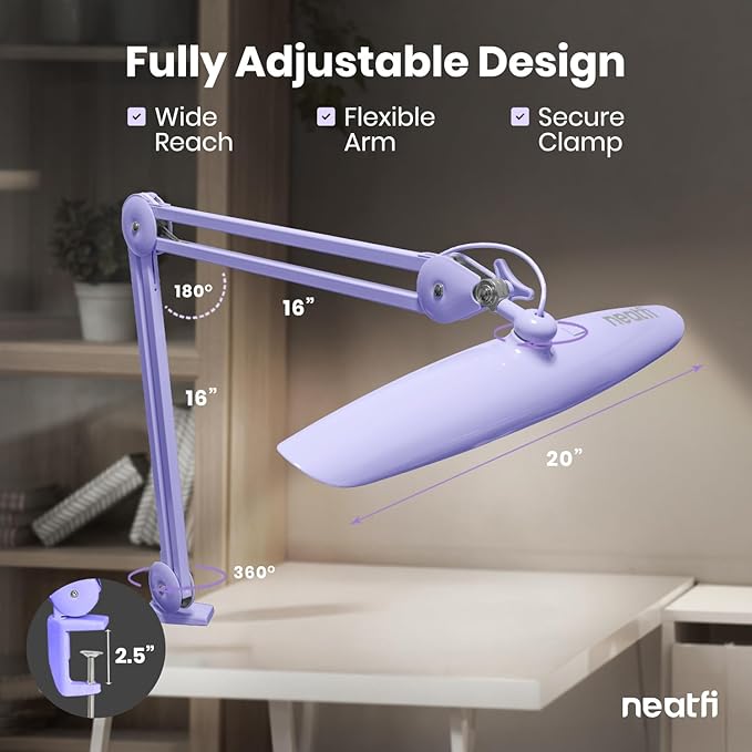 Neatfi XL 2200 Lumens 20W LED Desk Lamp with Clamp – Adjustable Color Temperature | 4-Level Dimmable Light | Home Office, Crafts & Workbench | 20-Inch Wide Head (Lavender, CCT with Clamp)