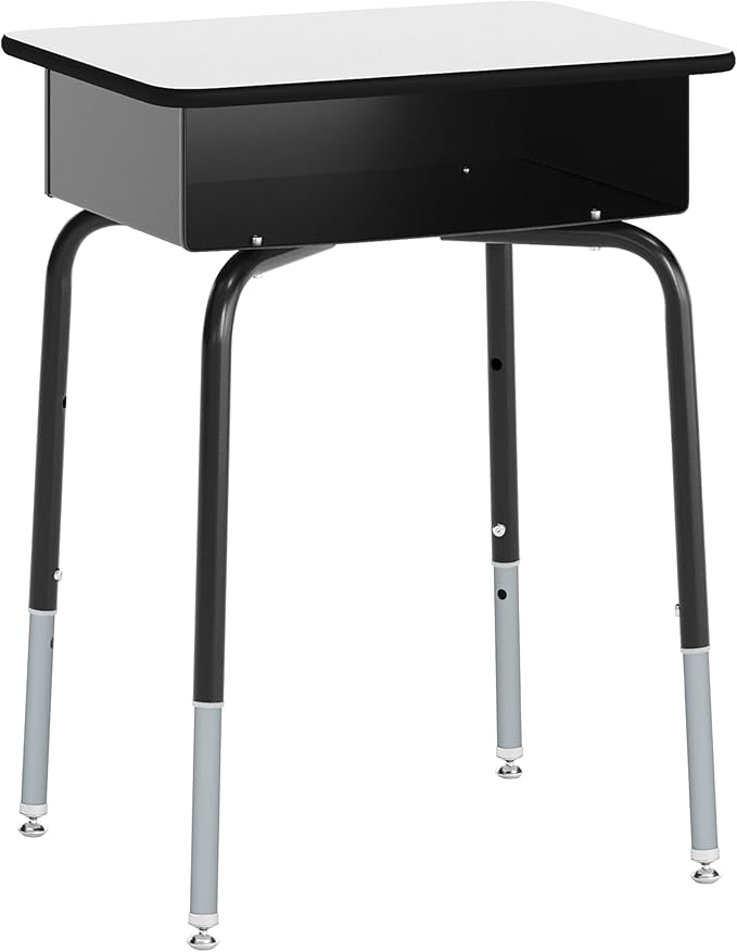 EMMA + OLIVER Jacobs Desk/Stackable Ergonomic Chair Set, Flex Comfort Seat Back, Adjusting Desk Legs, Metal Open Front Storage Box, Gray Desktop/Black Chair
