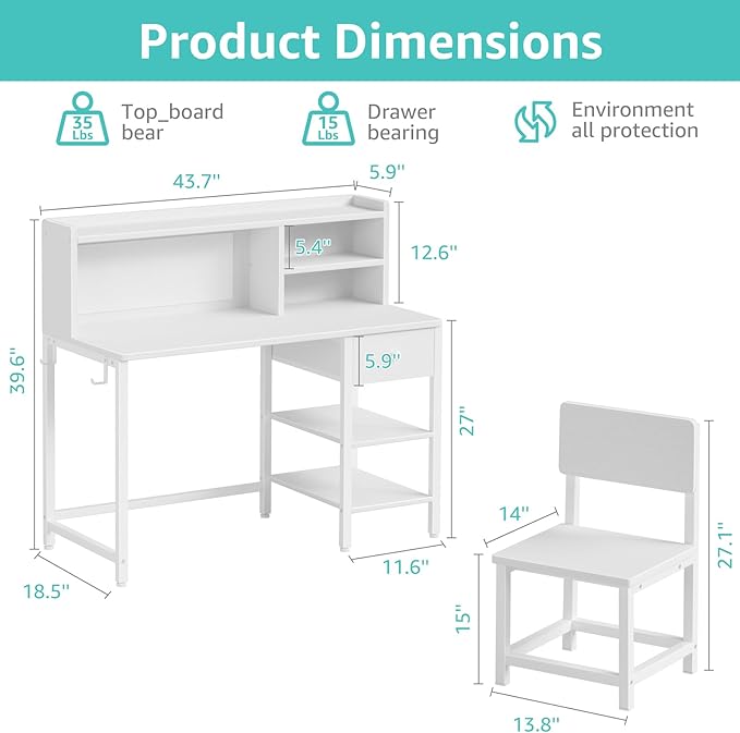 BOLUO White Kids Desk and Chair Set for 6-12 Year Old, Children Study Desk with Hutch and Storage Shelf, Student Writing Table with Fabric Drawer for Girls Boys