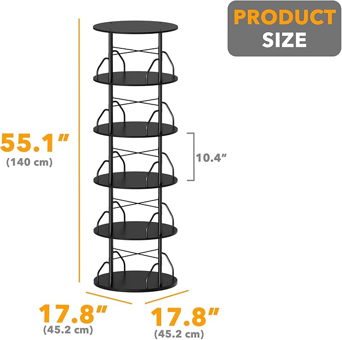 SpaceAid 5 Tier Rotating Bookshelf Tower, 360 Display Stackable Spinning Bookcase, Space Saving Revolving Round Book Shelf, Floor Standing Swivel Corner Organizer, Black