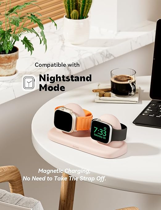 ELETIUO Dual Charger Stand Compatible with Apple Watch Series 49/46/45/44/42/41/40/38mm iWatch Ultra2/Ultra/10/9/8/SE2/7/6/SE/5/4/3/2/1,Silicone Dock Organizer Supports Night Stand Mode,Pink
