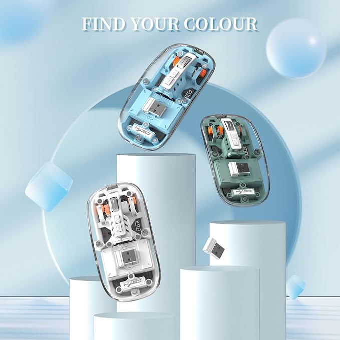 A.JAZZ Wireless Bluetooth5.1&2.4G Mini Lightweight Mouse,Transparent Clear Cool,Rechargeable Silent Computer Mice,Nano USB C Receiver,LED Battery Magic Silm for Office/PC/Mac/Laptop/Apple/ipad(Blue)