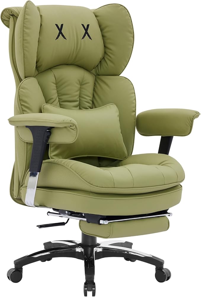 Efomao Desk Office Chair, X-Embroidery Big and Tall PU Leather Home Chair, Adjustable High Back Computer Gaming Chair, 200kg Swivel Executive Office Chair with Footrest and Lumbar Support, OLIVE GREEN