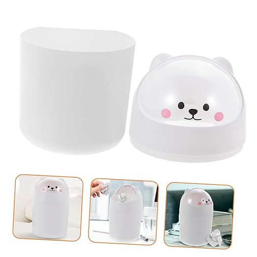 Cabilock 1pc Cute Bear Desktop Trash Can Mini Waste Bin Lid for Home Office Compact Garbage Container for Bedroom for Small Spaces White