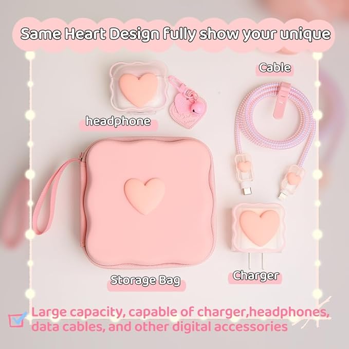Charger Cover Storage Bag, Lovely 3D Love Heart Waves Design Charger Protector Travel Storage Case, Earphone Wire Saver Cable Cord Organizer Wireless Earphone Storage Box, Pink Love