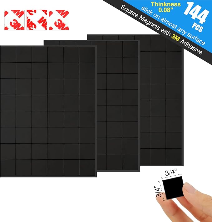 Magnetic Squares with Adhesive Backing(144PCS Each 3/4" x 3/4"),Self Sticky Pre-Cut Magnet Tape Strip for Classroom Decor,Family Activities,Peel and Stick for Cards/Picture/Poster (80mil Magnet)