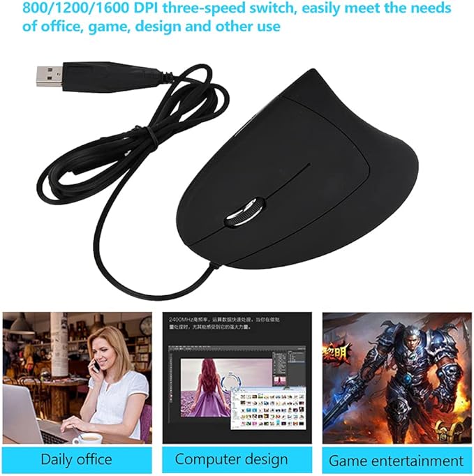 Ergonomic Vertical USB Wired Mouse, Left Handed Optical Mouse, 3 Adjustable DPI 800/1200/1600, 6 Programmable Buttons, Universal Gaming Mouse for Laptop, Desktop, Notebook, PC, Computer (Black)