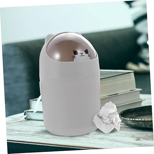 Alipis Cute Cartoon Bear Desktop Trash Can Lid Mini Waste Bin for Bedroom and Office Slim Plastic Garbage Container