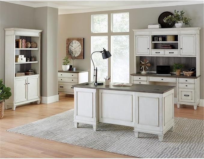 BOWERY HILL Set of 2 Double Pedestal Desk and Bookcase with Doors in White