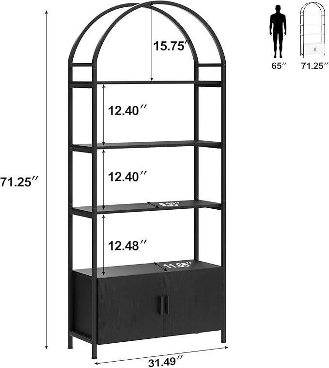 Jehiatek Arched Bookshelf, Bookcase with Doors Storage, 71 Inches Tall Industrial Book Shelf with Sturdy Metal Frame, E1 Quality Boards, Freestanding Display Shelving Unit, Black