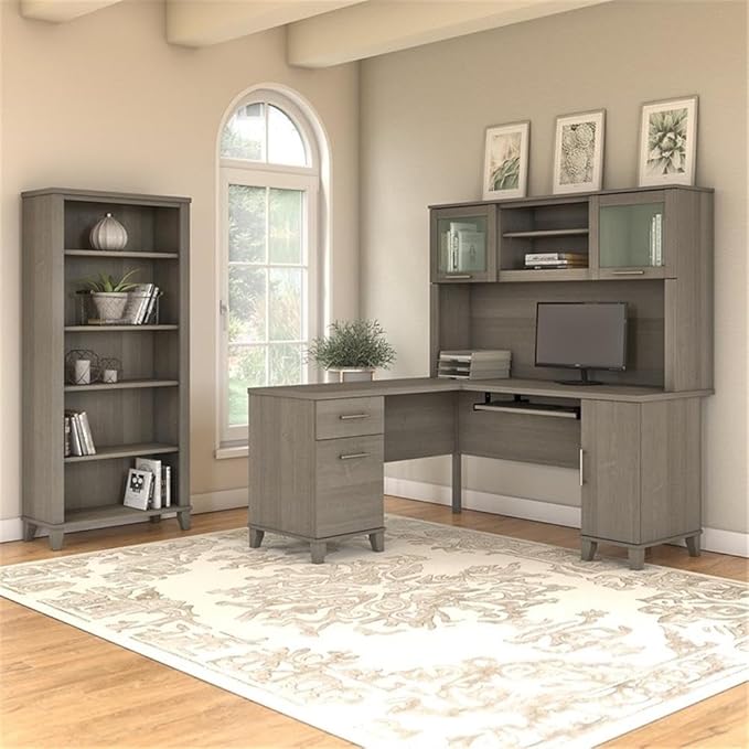 Pemberly Row 60" W L-Shaped Desk with Hutch and 5 Shelf Bookcase, Engineered Wood in Ash Gray, Frosted Glass Doors, Adjustable Shelves, Wire Management, Home Office Furniture Set