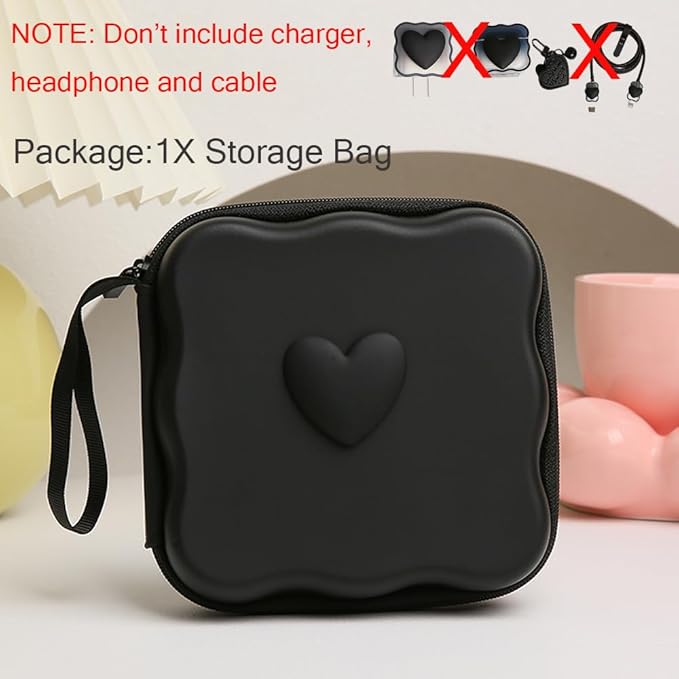 Charger Cover Storage Bag, Lovely 3D Love Heart Waves Design Charger Protector Travel Storage Case, Earphone Wire Saver Cable Cord Organizer Wireless Earphone Storage Box, Black Love