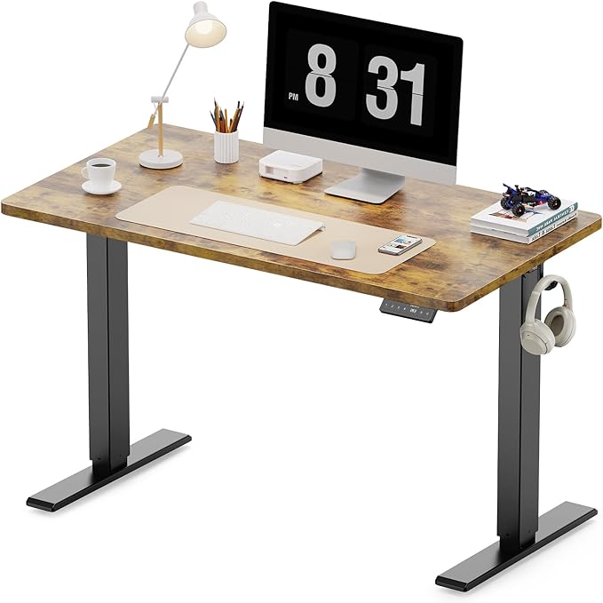 WALKINGDESK 40x24 Inches Height Adjustable Electric Standing Desk with 2 Hooks for Home Office, Ergonomic Sit Stand up Desk with Splice Board, Rustic Brown